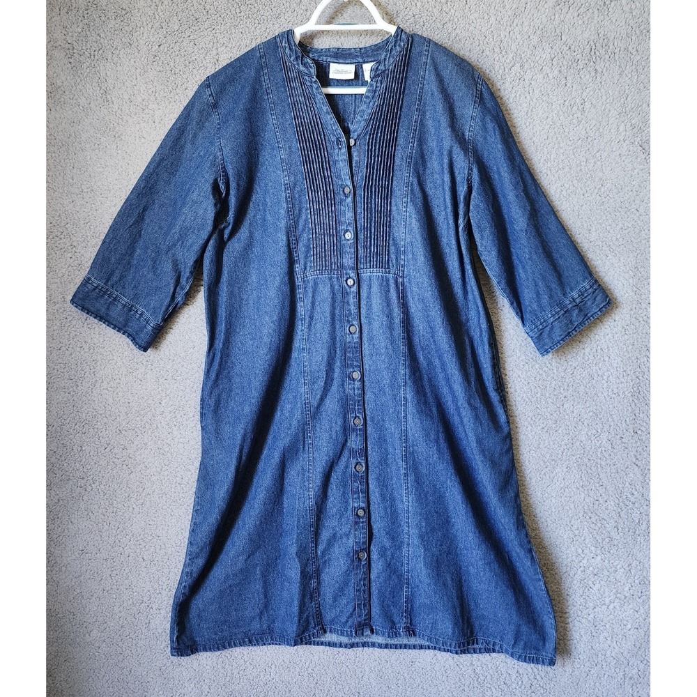 Vermont Country Store Denim Button Front Dress Womens XL Blue Pintuck 73157
